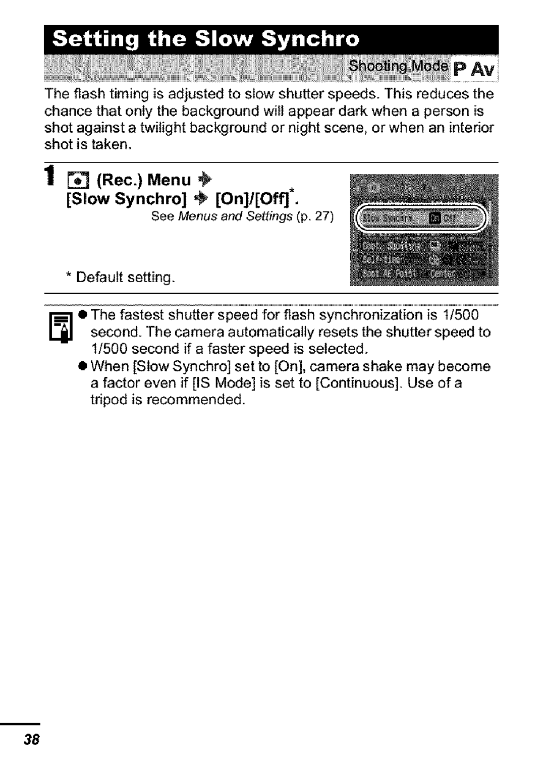 Canon S31S appendix PAv, Rec. Menu @ Slow Synchro @ On/Off 