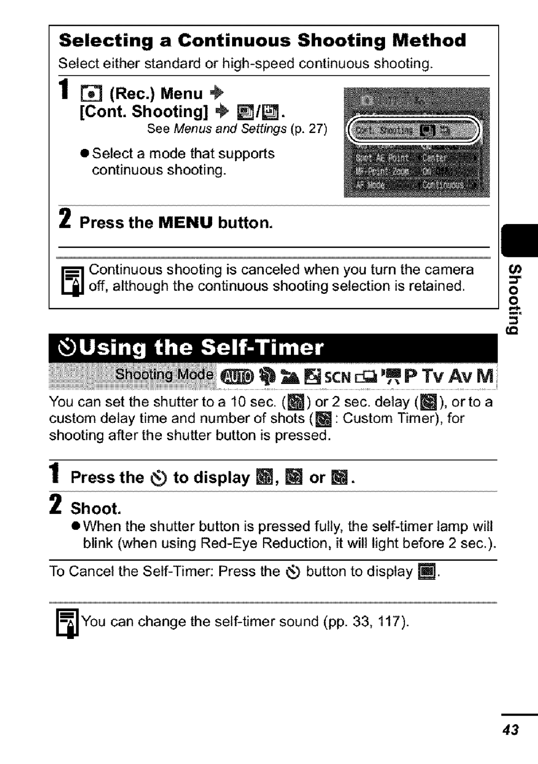 Canon S31S appendix Selecting a Continuous Shooting Method, Rec. Menu # Cont. Shooting /1, Press the Menu button 