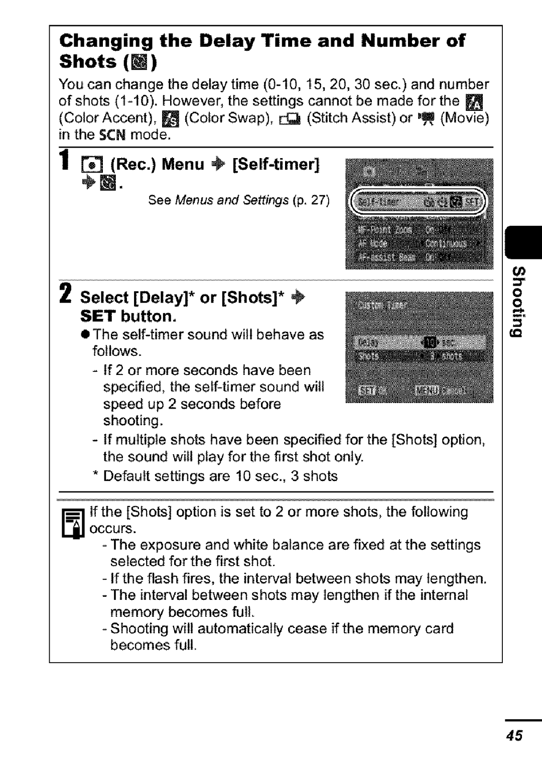 Canon S31S appendix Changing the Delay Time and Number of Shots m, Rec. Menu Self-timer, Select Delay* or Shots SET button 