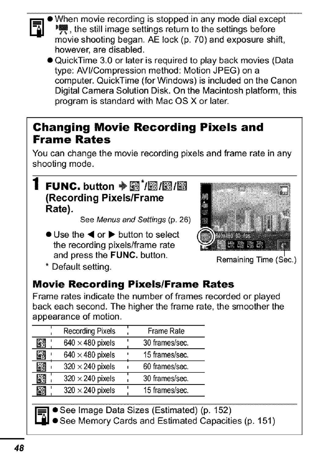 Canon S31S appendix Changing Movie Recording Pixels and Frame Rates, FUNC, button Recording Pixels/Frarne Rate 