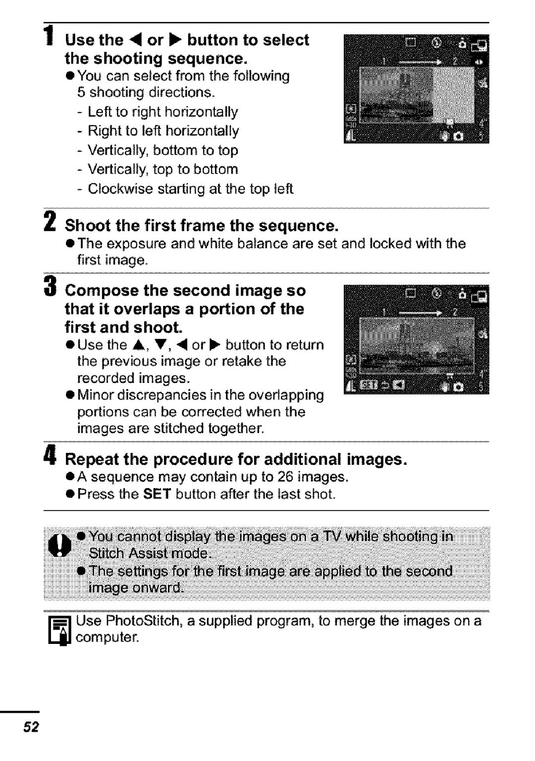 Canon S31S appendix Use the 41 or 1 button to select Shooting sequence, Shoot the first frame the sequence 