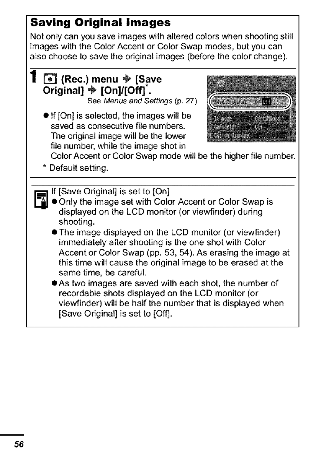 Canon S31S appendix Saving Original Images, Rec. menu . Save Original On/Off 