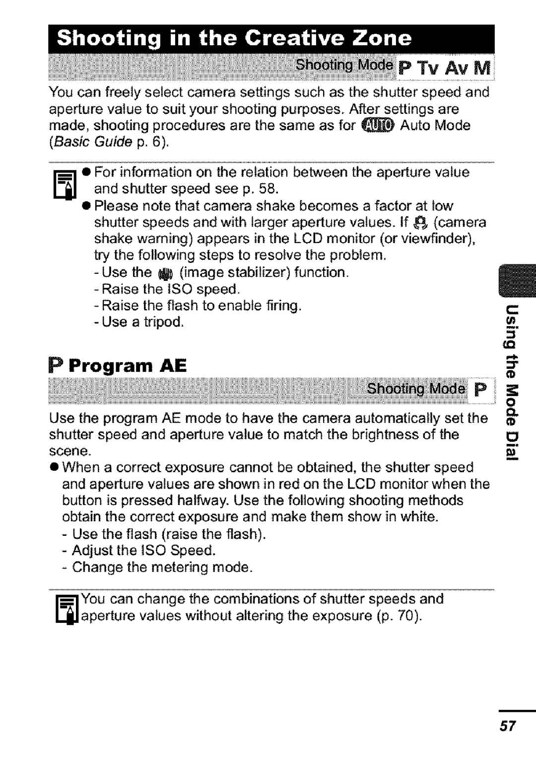 Canon S31S appendix Tv Av M, Program AE 