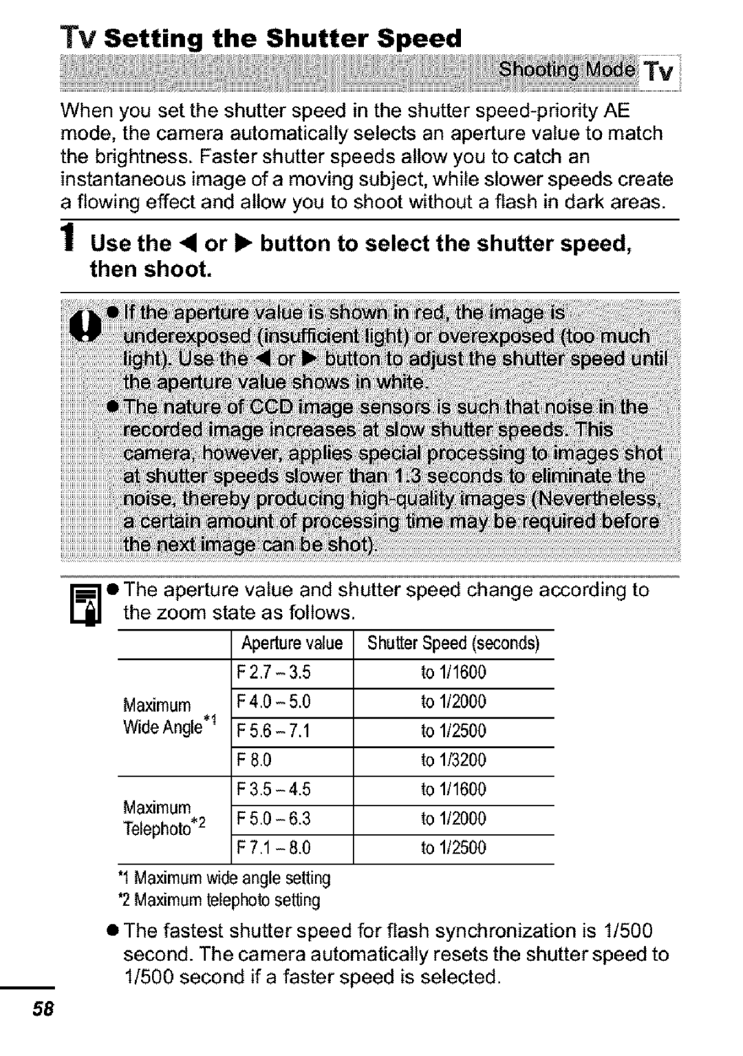 Canon S31S appendix Tv Setting the Shutter Speed, Use the or 1 button to select the shutter speed, then shoot 