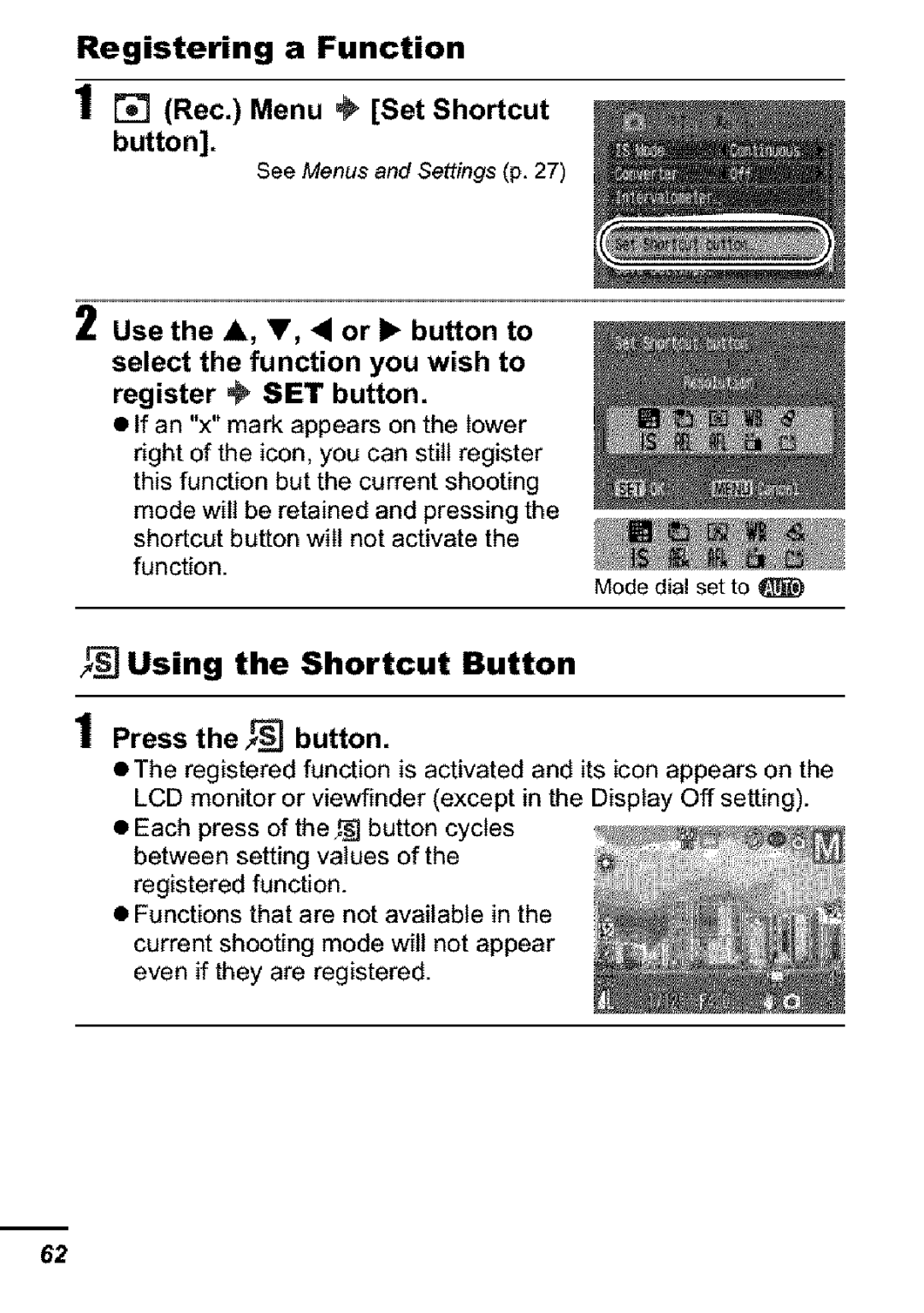 Canon S31S appendix Registering a Function, Using the Shortcut Button, Rec. Menu Set Shortcut button, Press the button 