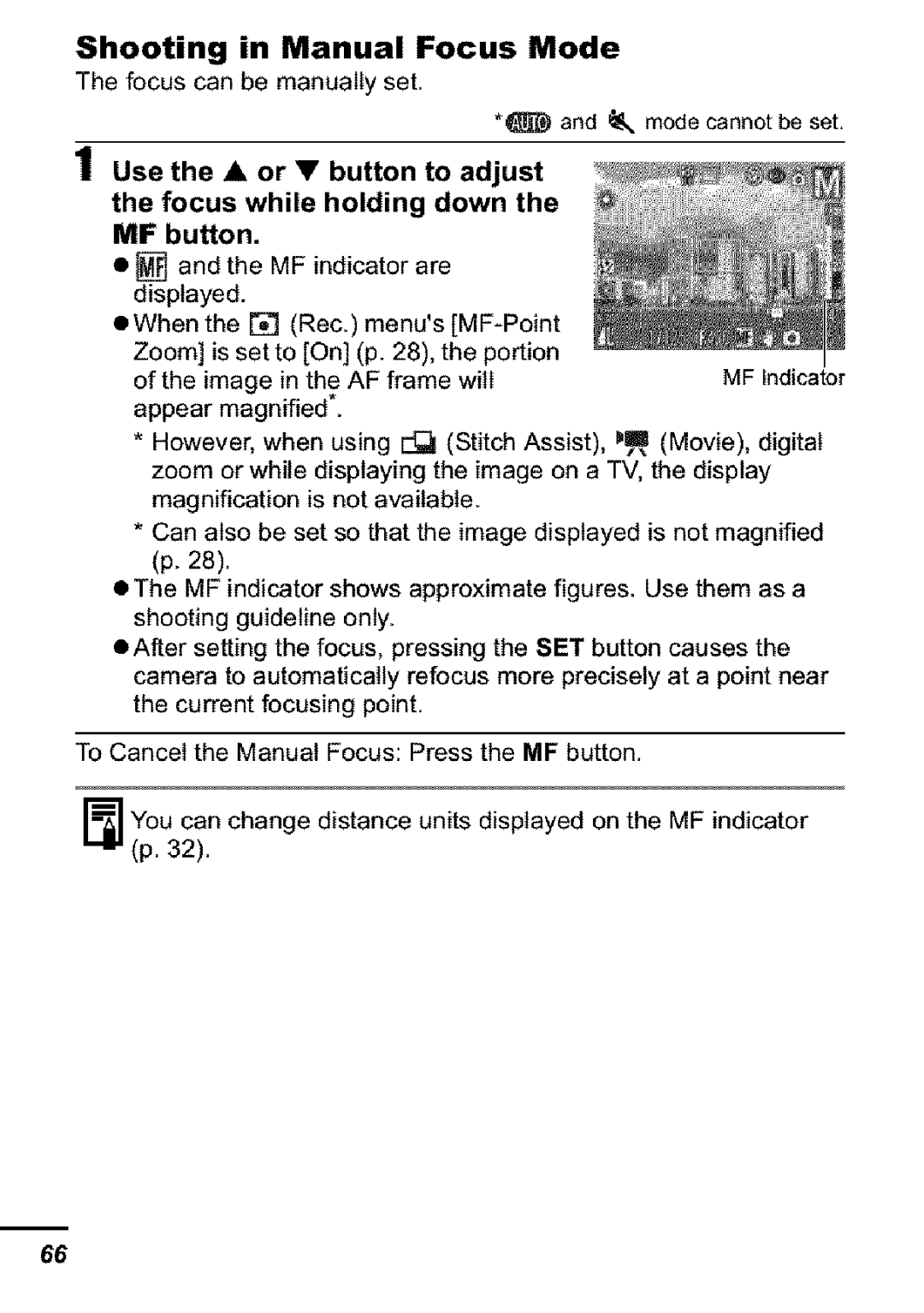Canon S31S appendix Shooting in Manual Focus Mode, MF button 