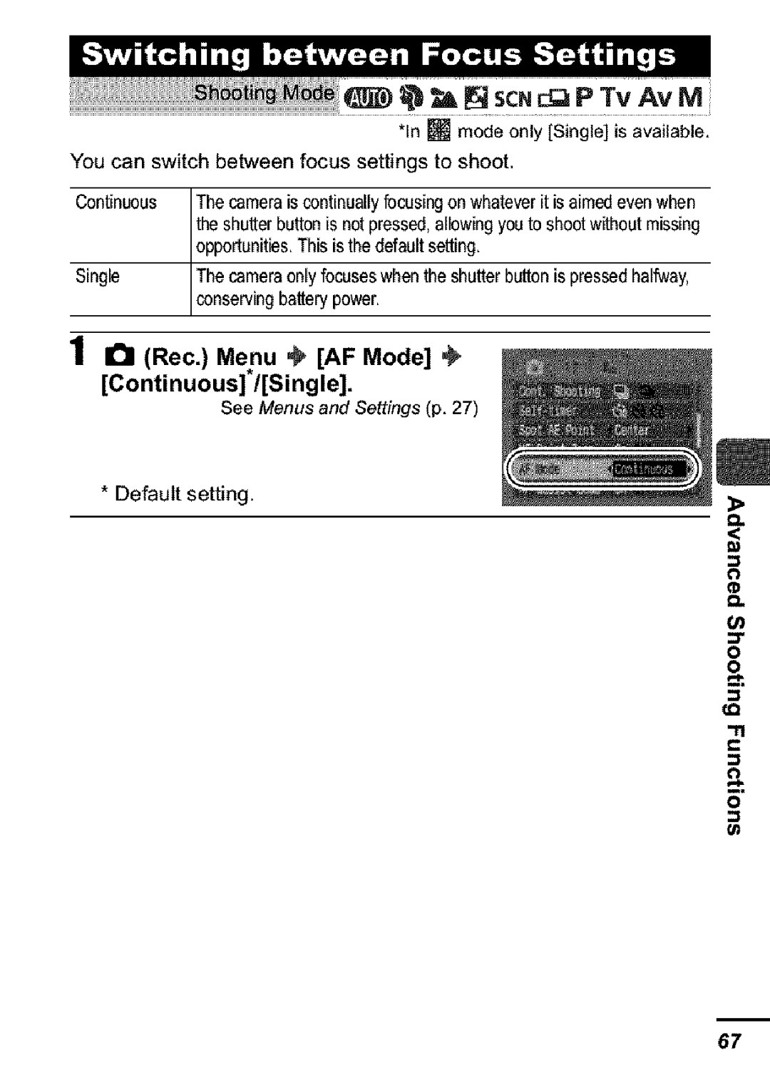 Canon S31S appendix Rec. Menu AF Mode Continuous/Single 