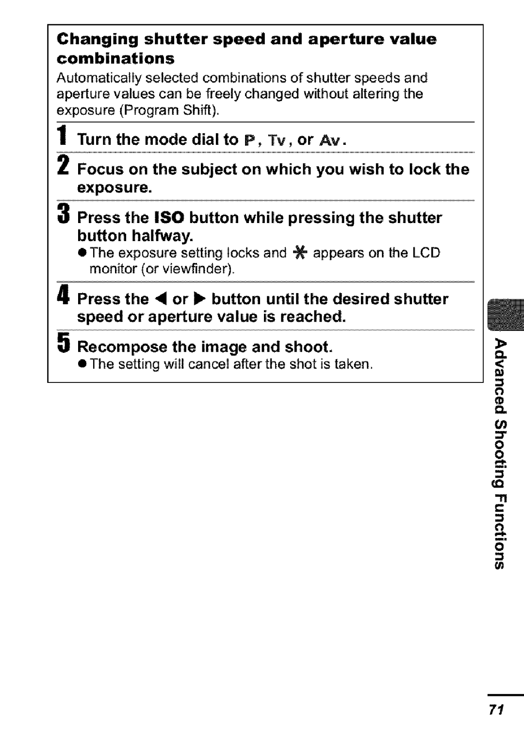 Canon S31S appendix Changing shutter speed and aperture value combinations, Recompose the image and shoot 