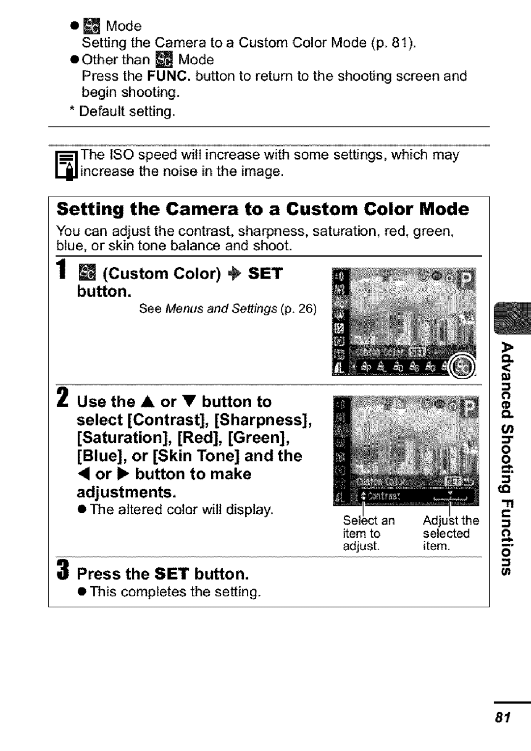 Canon S31S appendix Setting the Camera to a Custom Color Mode, Custom Color @ SET button 