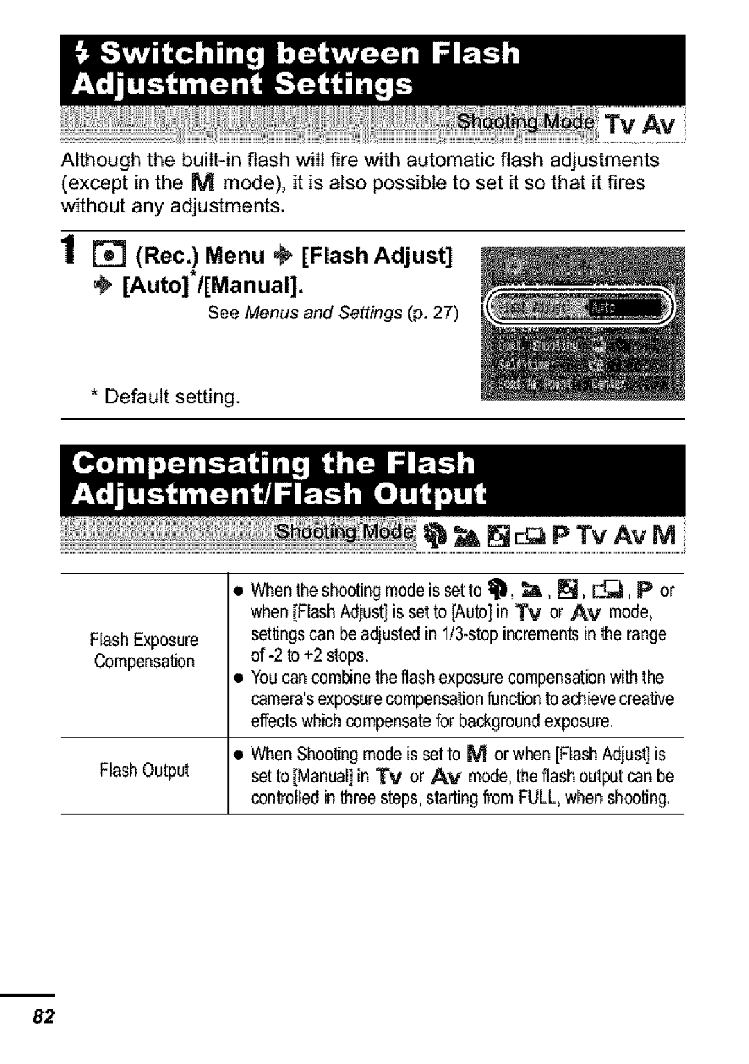 Canon S31S appendix Rec. Menu l, Flash Adjust, Auto*/Manual 