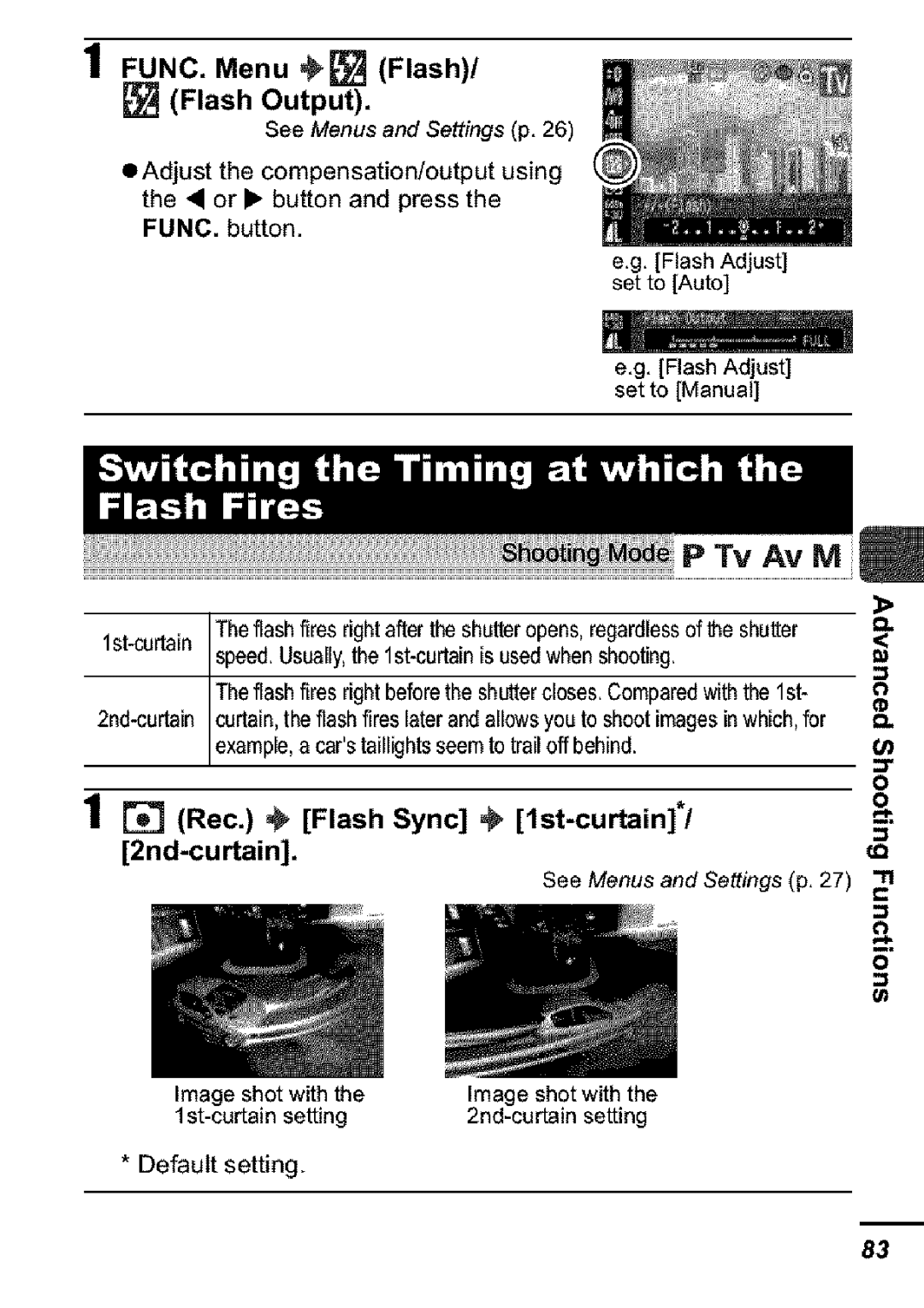 Canon S31S appendix Rec. Flash Sync , 1st-curtain 2nd-curtain, FUNC. Menu Flash Flash Output 