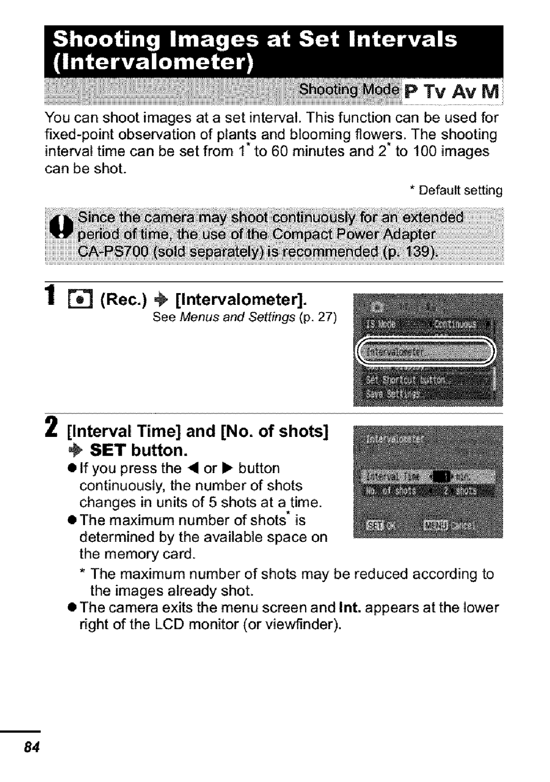 Canon S31S appendix Rec. , Intervalometer, Interval Time and No. of shots SET button 