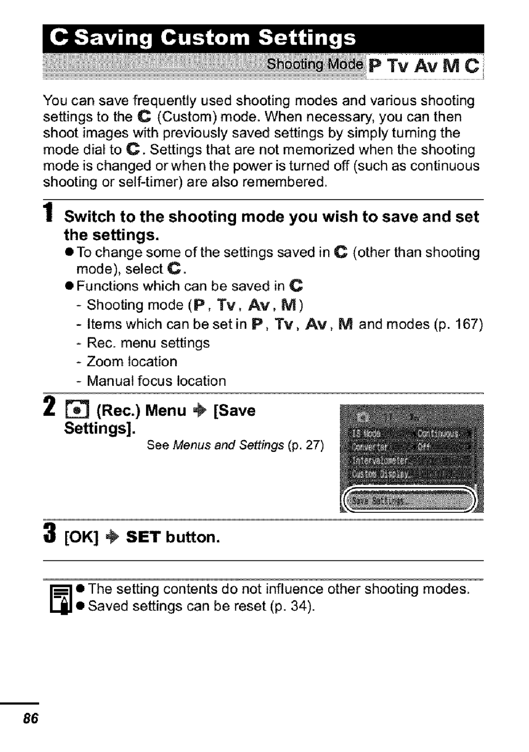 Canon S31S appendix Tv AvMC, Rec. Menu a# Save Settings 