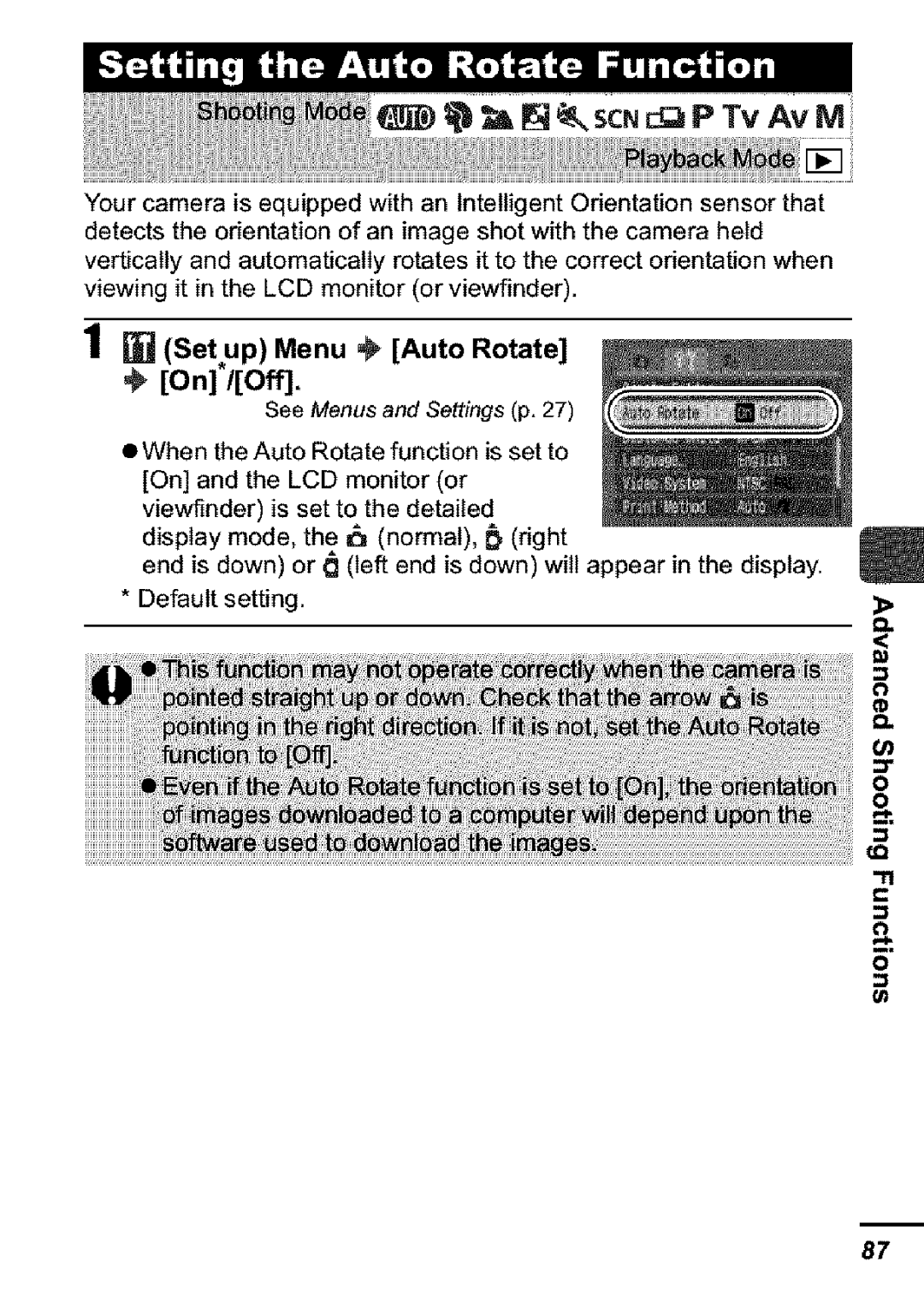 Canon S31S appendix ScN P Tv Av M, Setup Menu Auto Rotate On/Off 