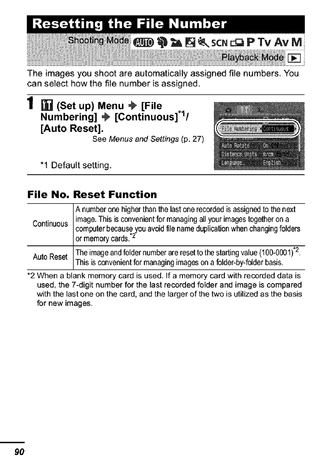 Canon S31S appendix Ill Set up Menu , File, Auto Reset, File No. Reset Function, Numbering Continuous*1 