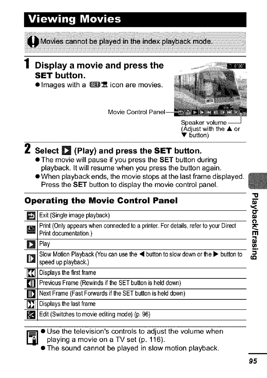 Canon S31S appendix Select Play and press the SET button, Operating the Movie Control Panel 