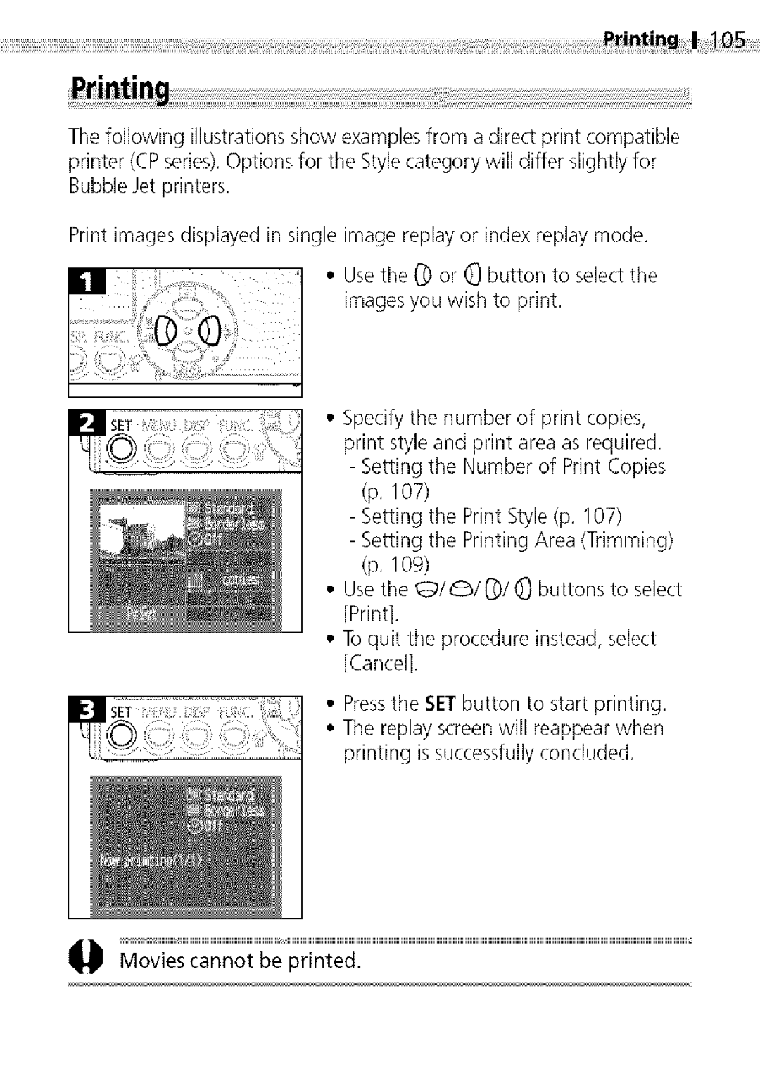 Canon S400 manual SettingthePrintStylep.107, I1 Movies cannot be printed 