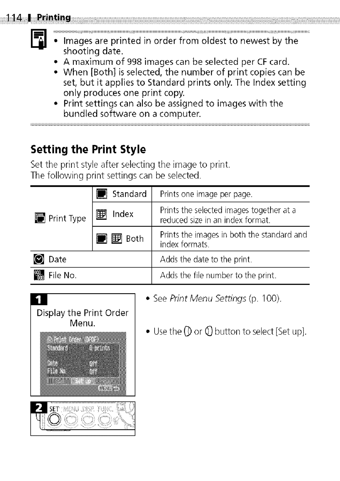 Canon S400 manual Both, Printsthe imagesin both the standardand, Index formats, Menu Usethe or D button to select Set up 