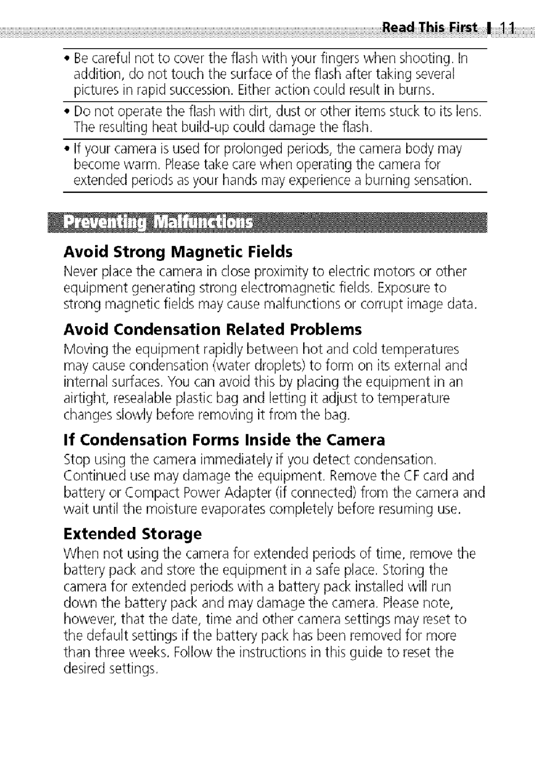 Canon S400 Avoid Strong Magnetic Fields, Avoid Condensation Related Problems, If Condensation Forms Inside the Camera 