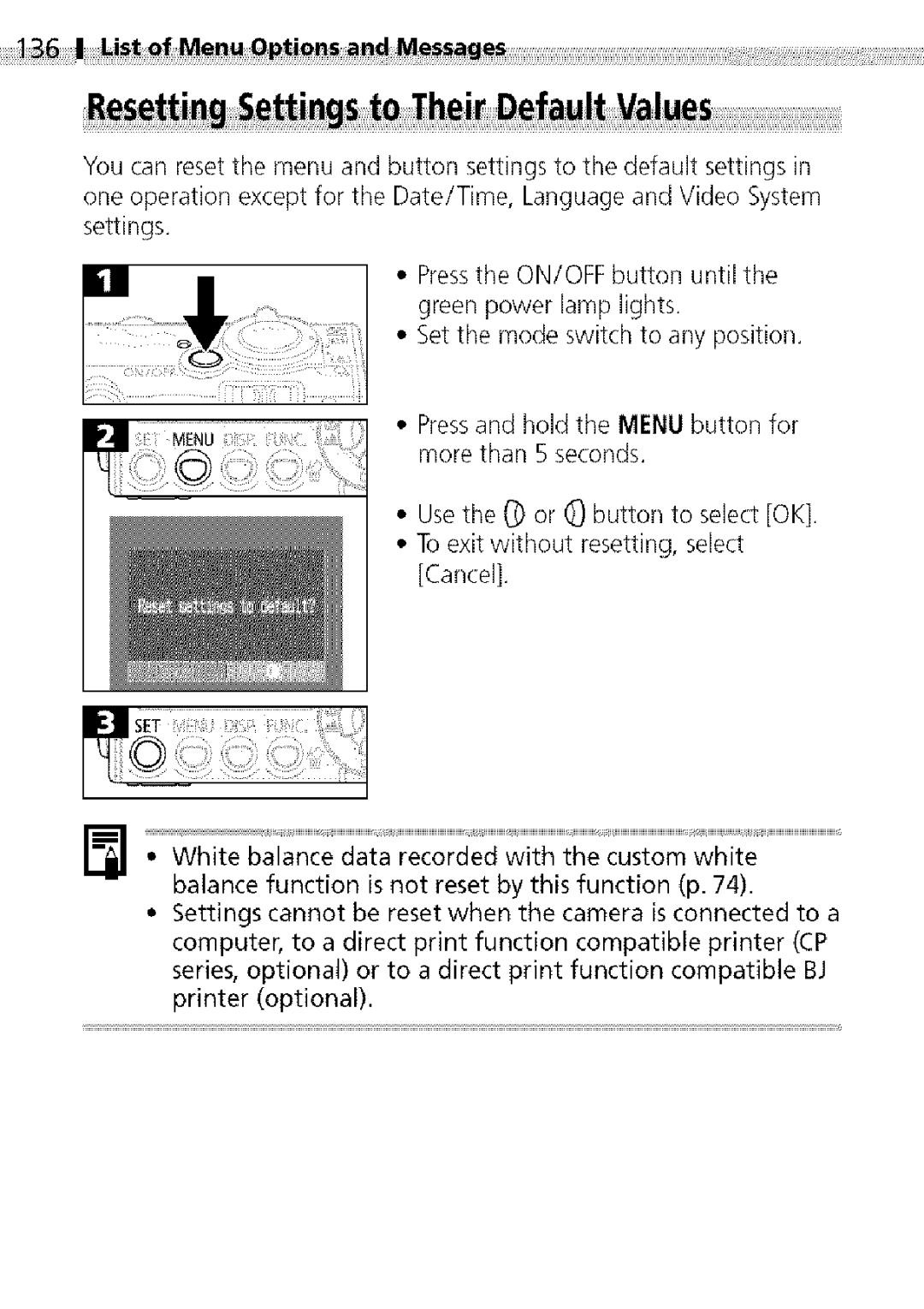 Canon S400 manual IList of Menu Options and Message 