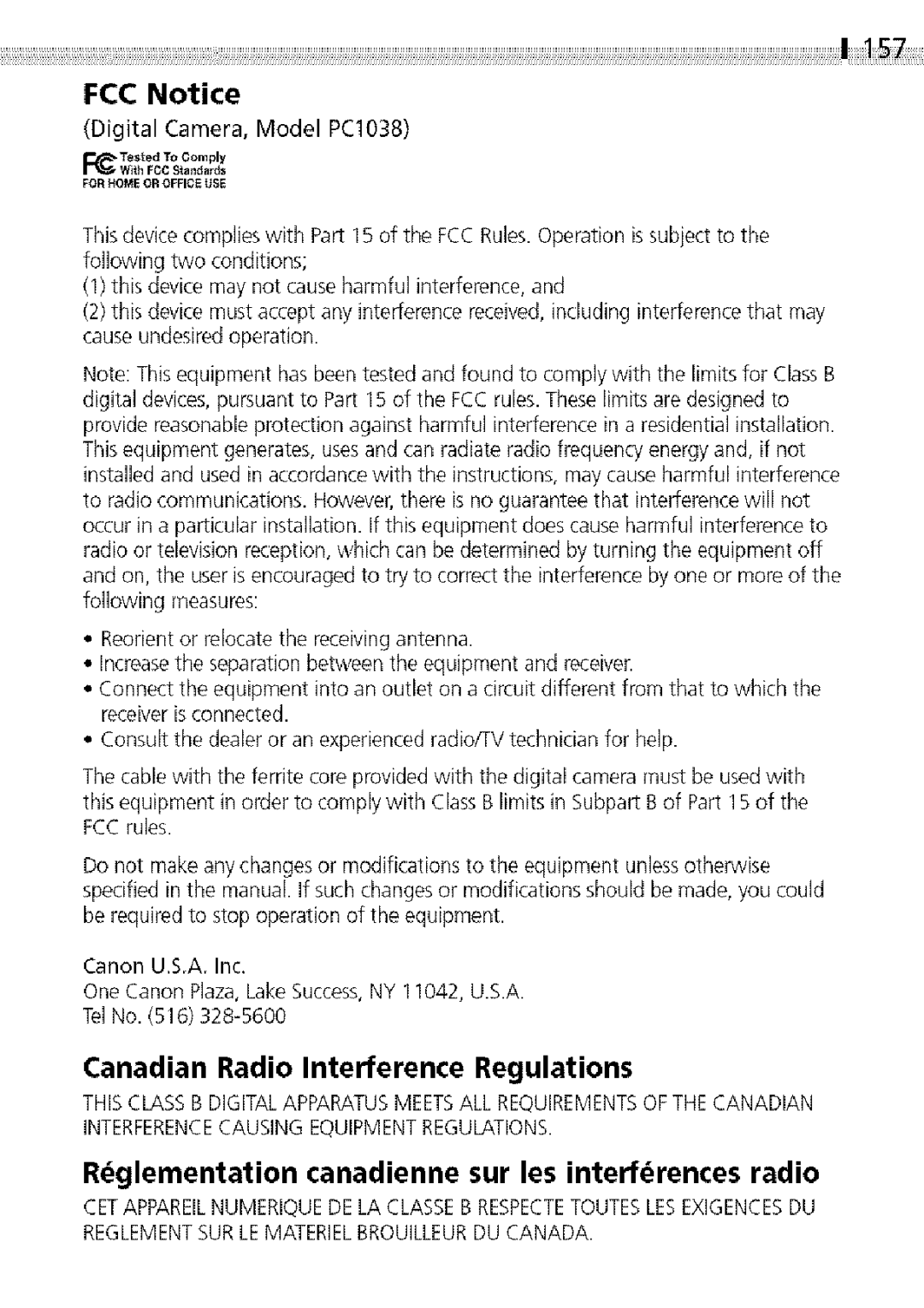 Canon S400 FCC Notice, Canadian Radio Interference Regulations, Rdglementation canadienne sur les interfdrences radio 