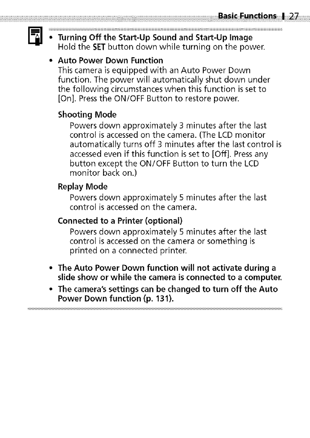 Canon S400 manual Hold the SETbutton down while turning on the powec, Auto Power Down Function 