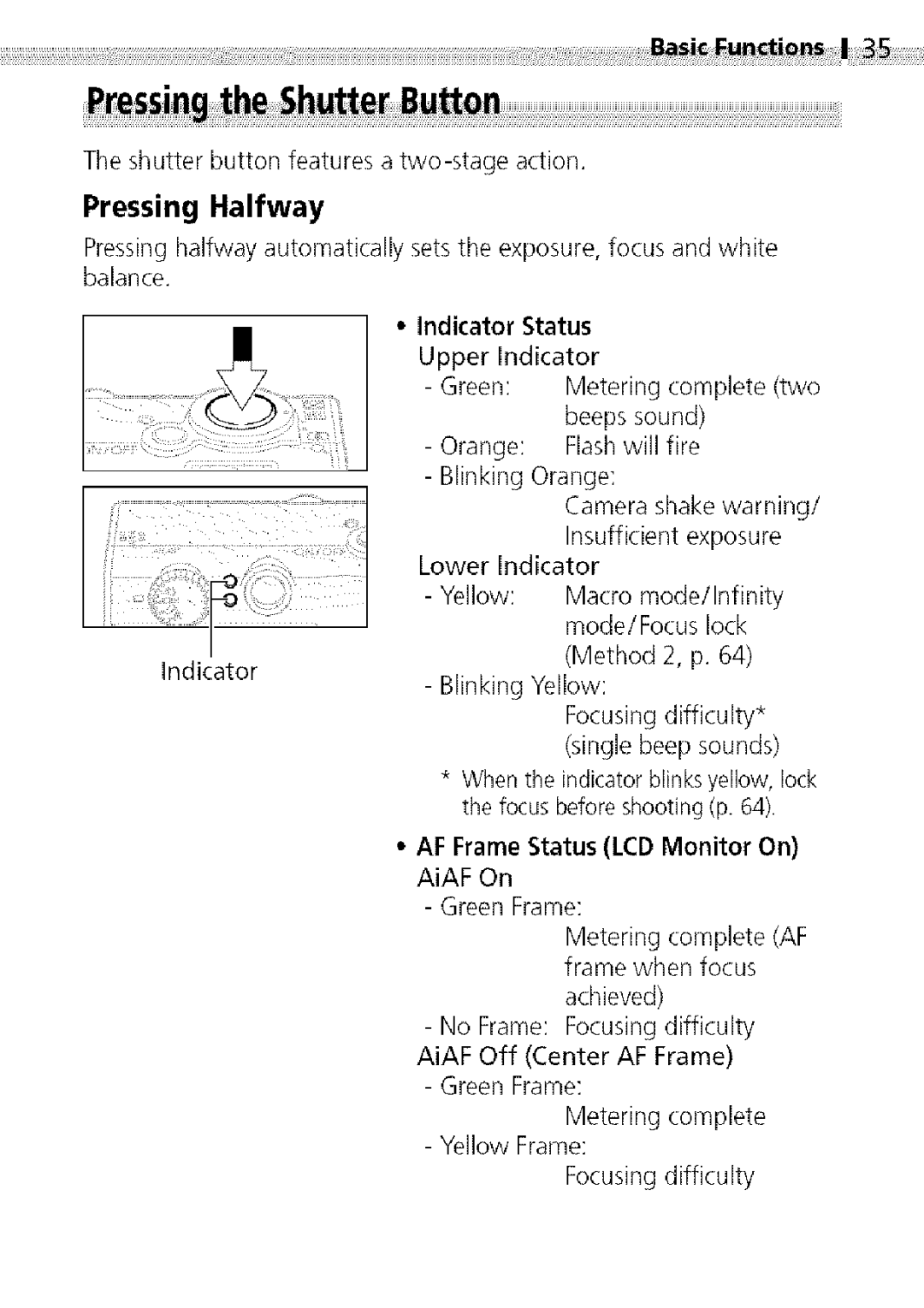 Canon S400 manual Pressing Halfway 