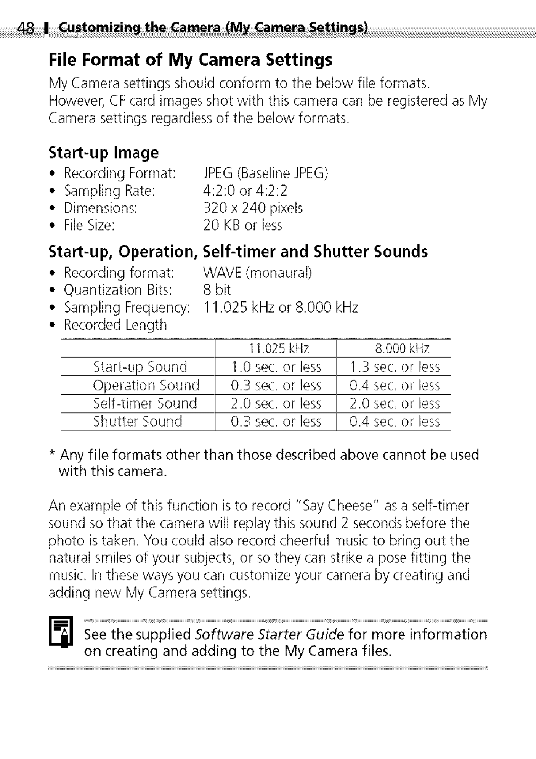 Canon S400 manual File Format of My Camera Settings, Start-up Operation Self-timer Shutter Sounds 