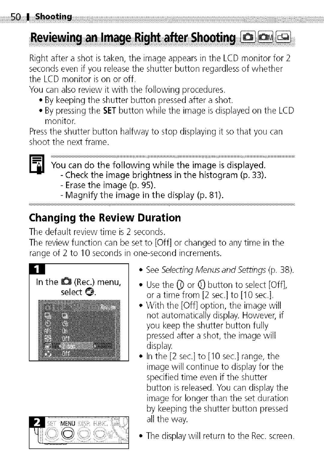 Canon S400 manual HootJ, Changing the Review Duration 