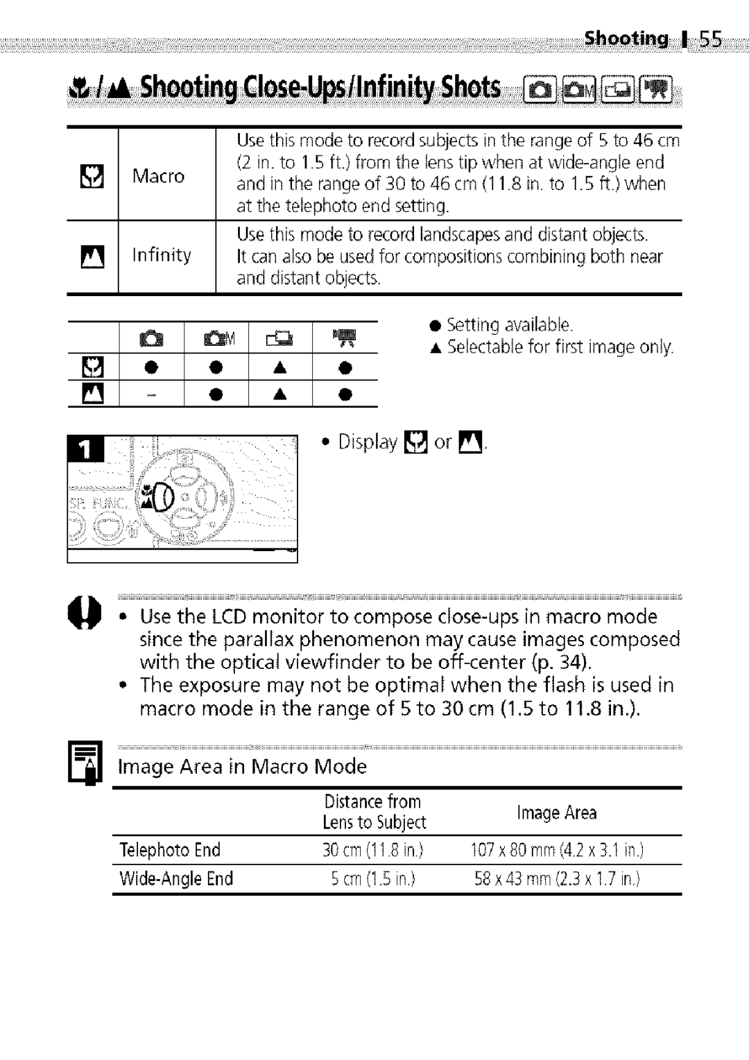 Canon S400 manual Shting CIQseU !1 ipity Shots 1 @, Macro, Display or 