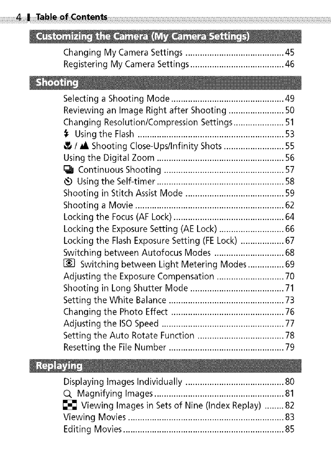 Canon S400 manual Tab!e f entents, Changing My Camera Settings Registering, Selecting Shooting, Shooting Close-Ups/Infinity 