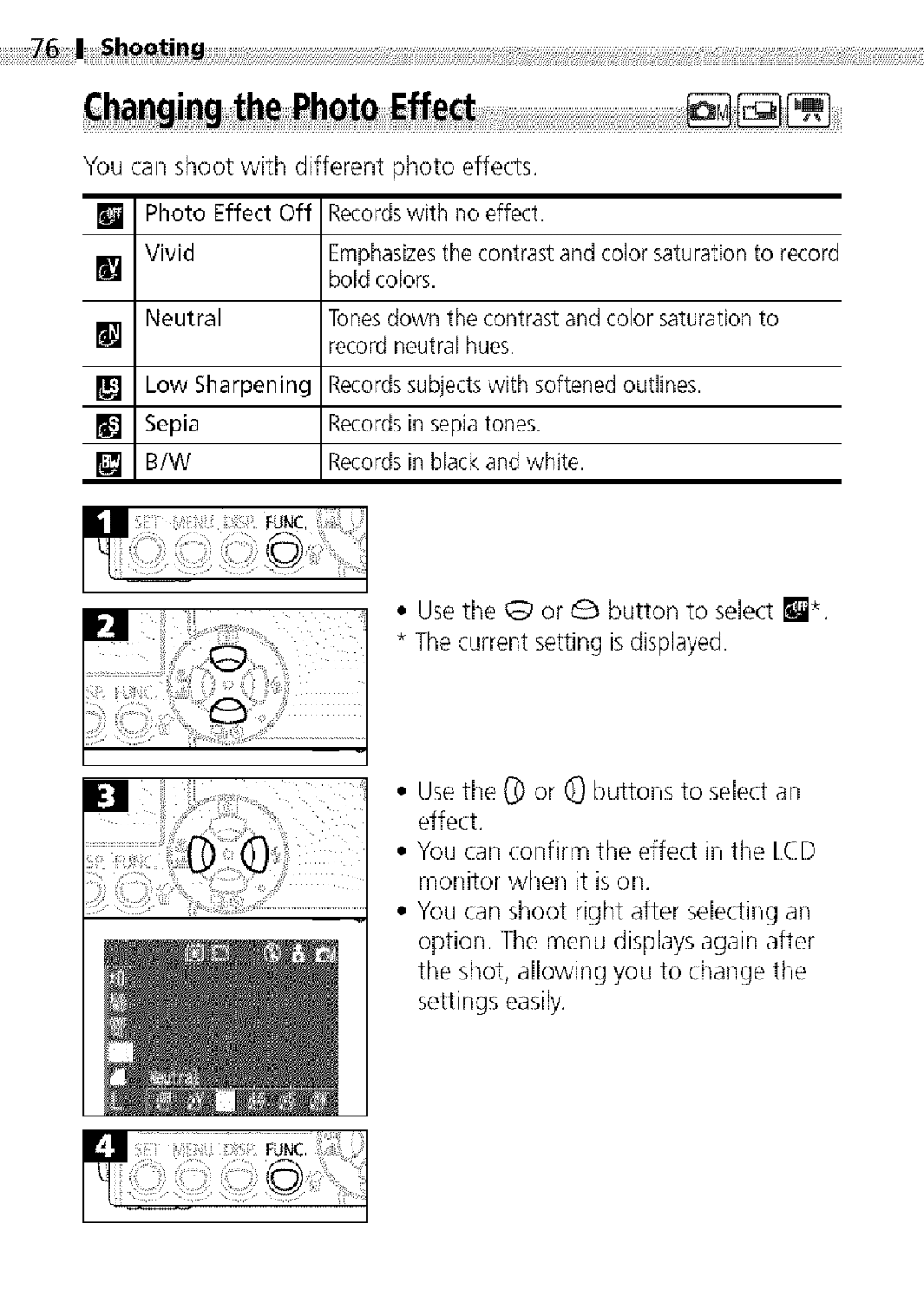 Canon S400 manual Hanging th Phot Efie ct, You carl shoot with different photo effects 