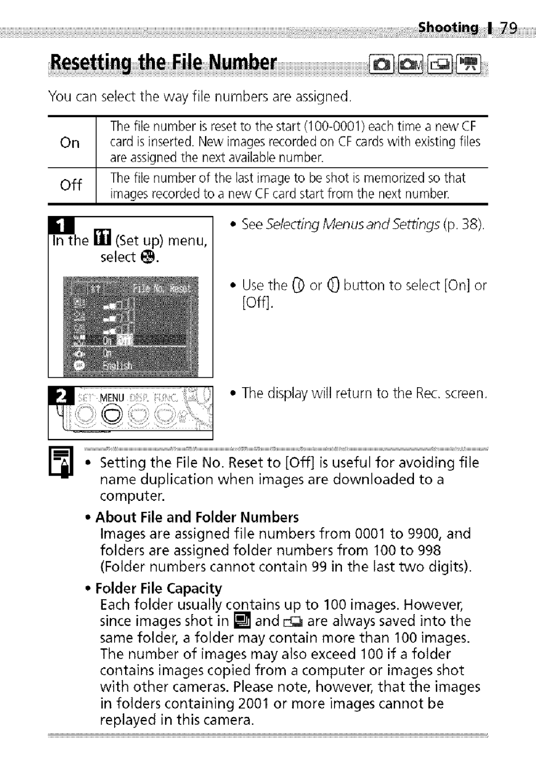 Canon S400 manual Youcanselectthewayfilenumbersareassigned, Areassignedthenextavailablenumber, Select, Folder File Capacity 