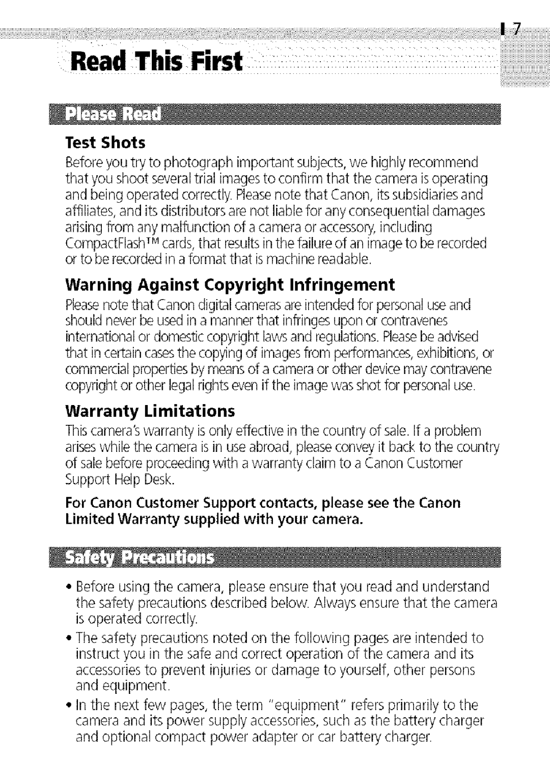 Canon S400 manual Test Shots, Warranty Limitations 