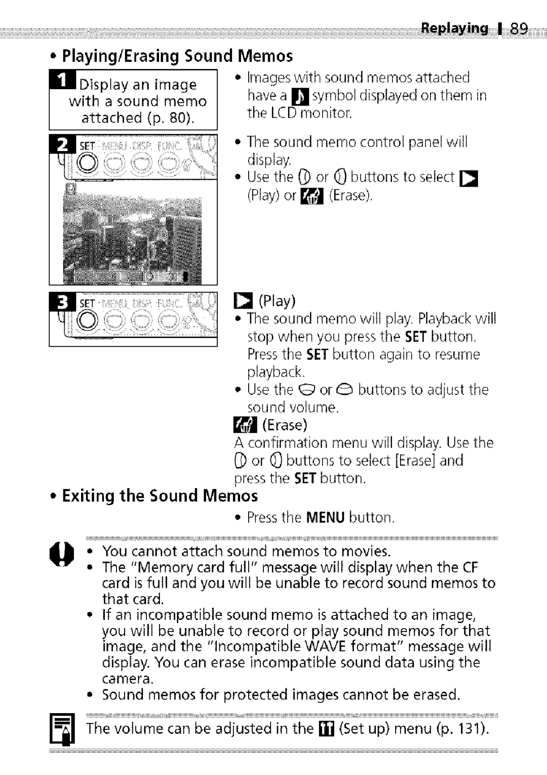 Canon S400 manual Playing/Erasing, Exiting the Sound Memos 