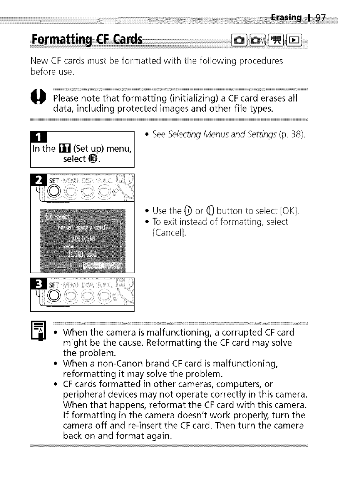 Canon S400 manual PleasenotethatformattinginitializingCFcard erases all 