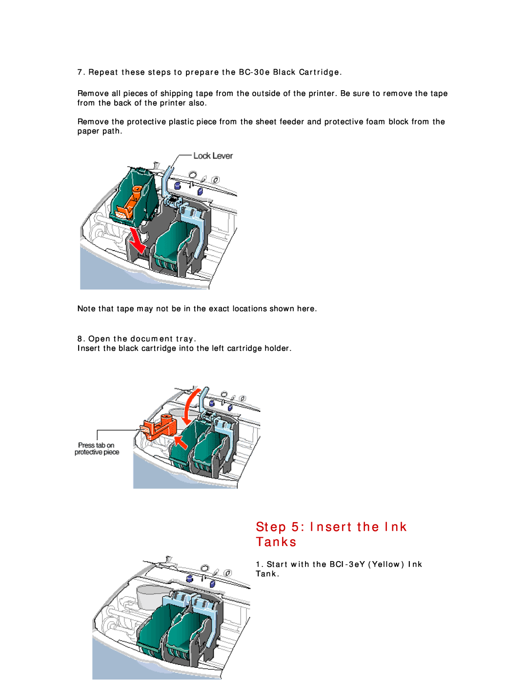 Canon S450 manual Insert the Ink Tanks, Repeat these steps to prepare the BC-30e Black Cartridge, Open the document tray 