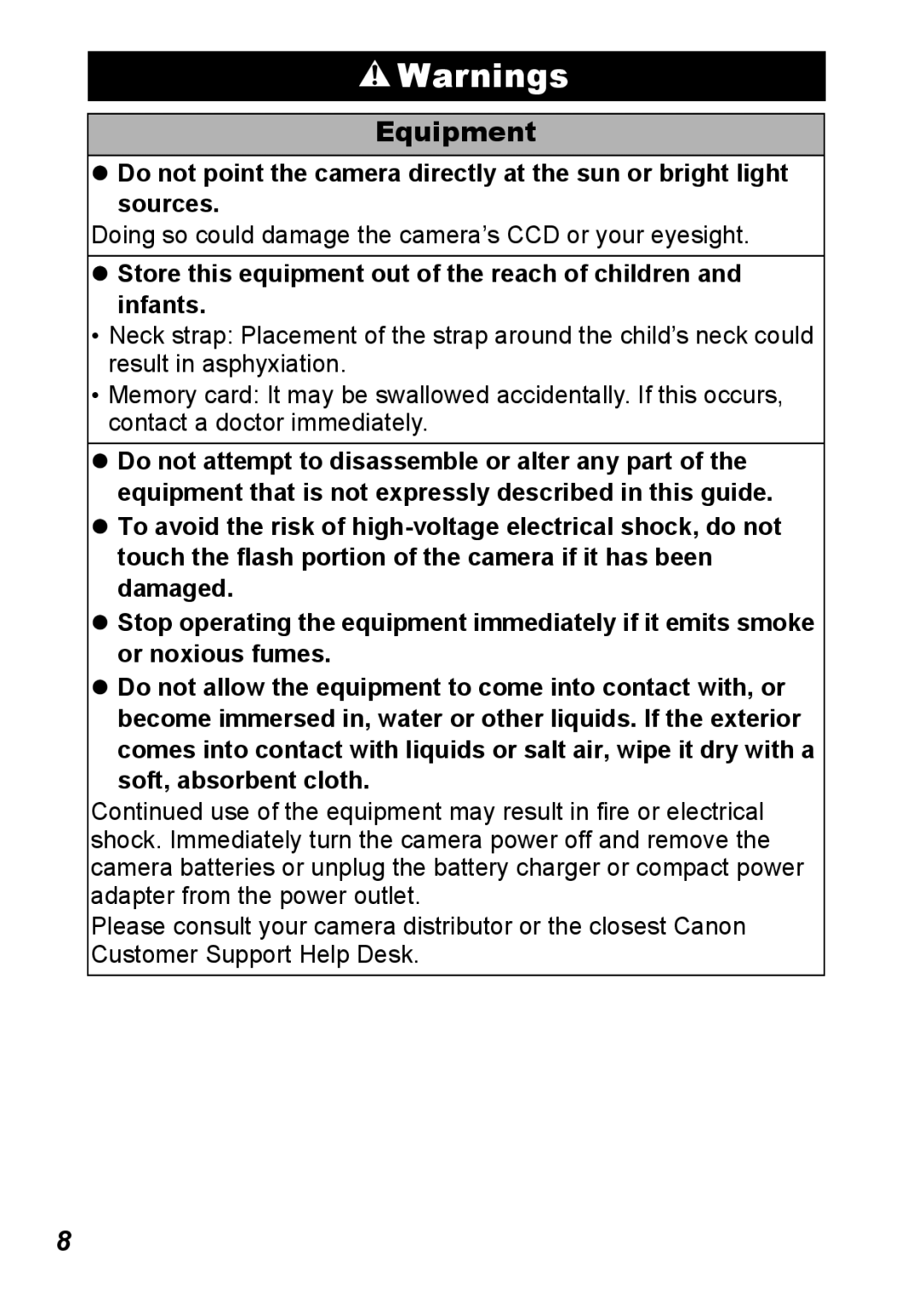 Canon S5 IS appendix Equipment, Doing so could damage the camera’s CCD or your eyesight 