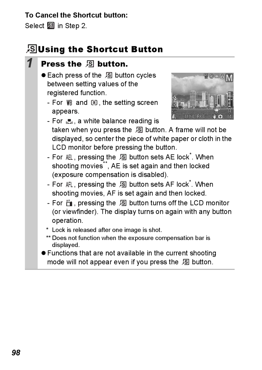 Canon S5 IS appendix Using the Shortcut Button, To Cancel the Shortcut button, Select in Step 