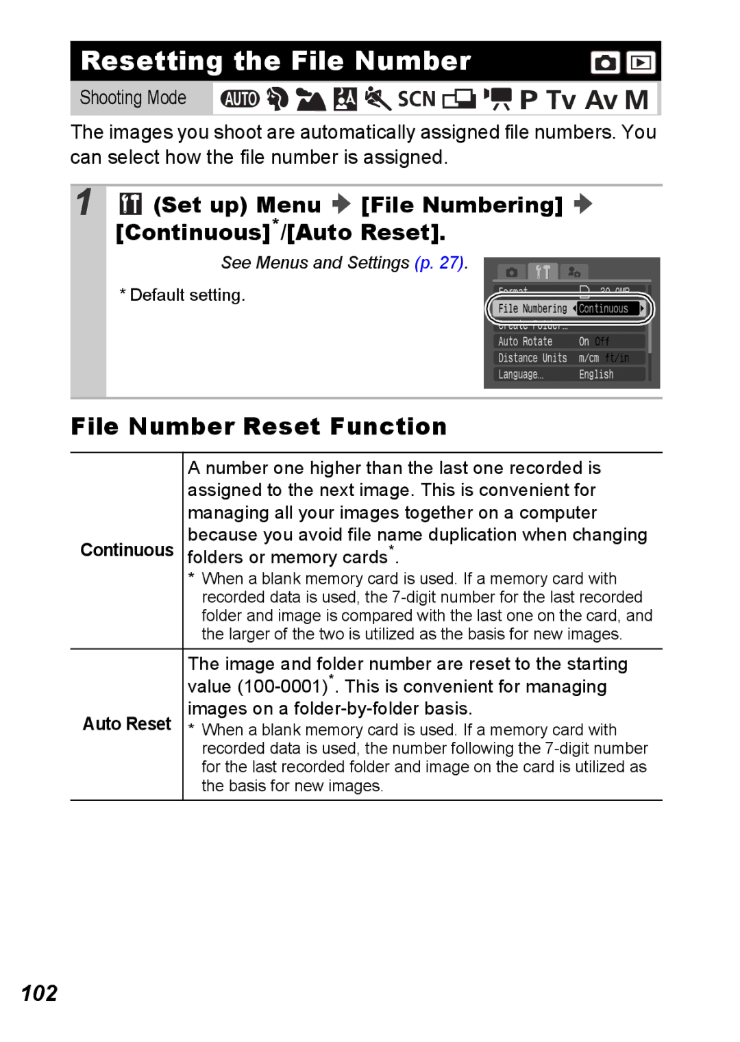 Canon S5 IS Resetting the File Number, File Number Reset Function, Set up Menu File Numbering Continuous*/Auto Reset, 102 