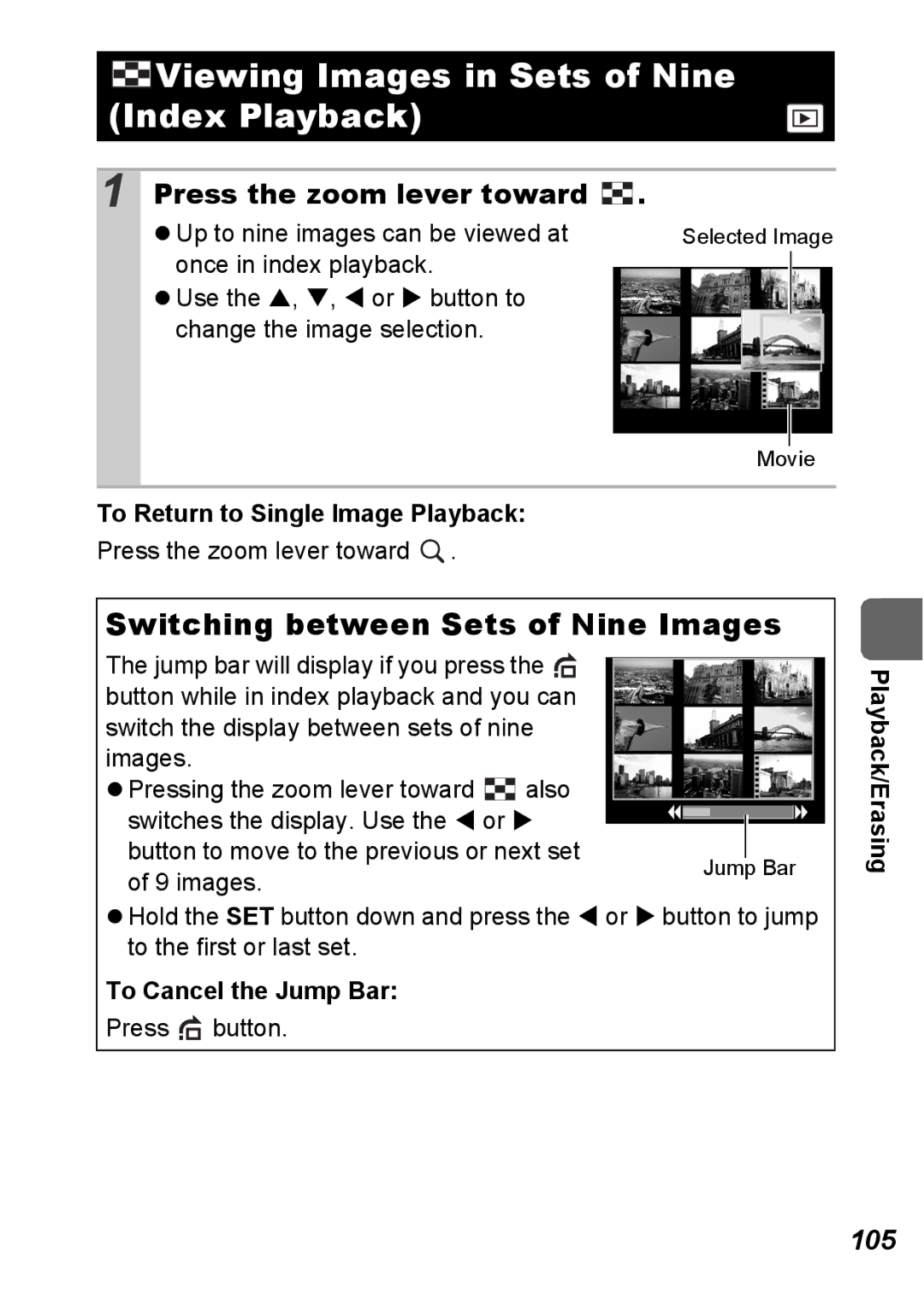 Canon S5 IS Viewing Images in Sets of Nine Index Playback, Switching between Sets of Nine Images, 105, Playback/Erasing 