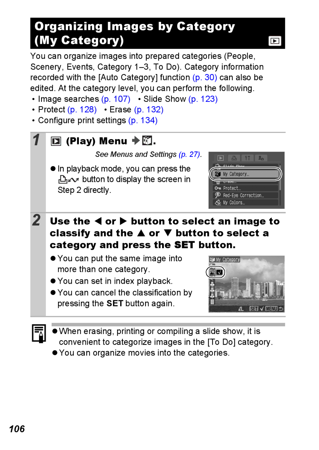 Canon S5 IS appendix Organizing Images by Category My Category, Play Menu, 106, Directly 