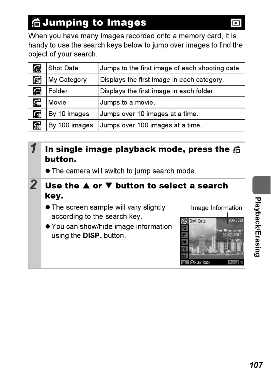 Canon S5 IS Jumping to Images, Single image playback mode, press the button, Use the S or T button to select a search key 