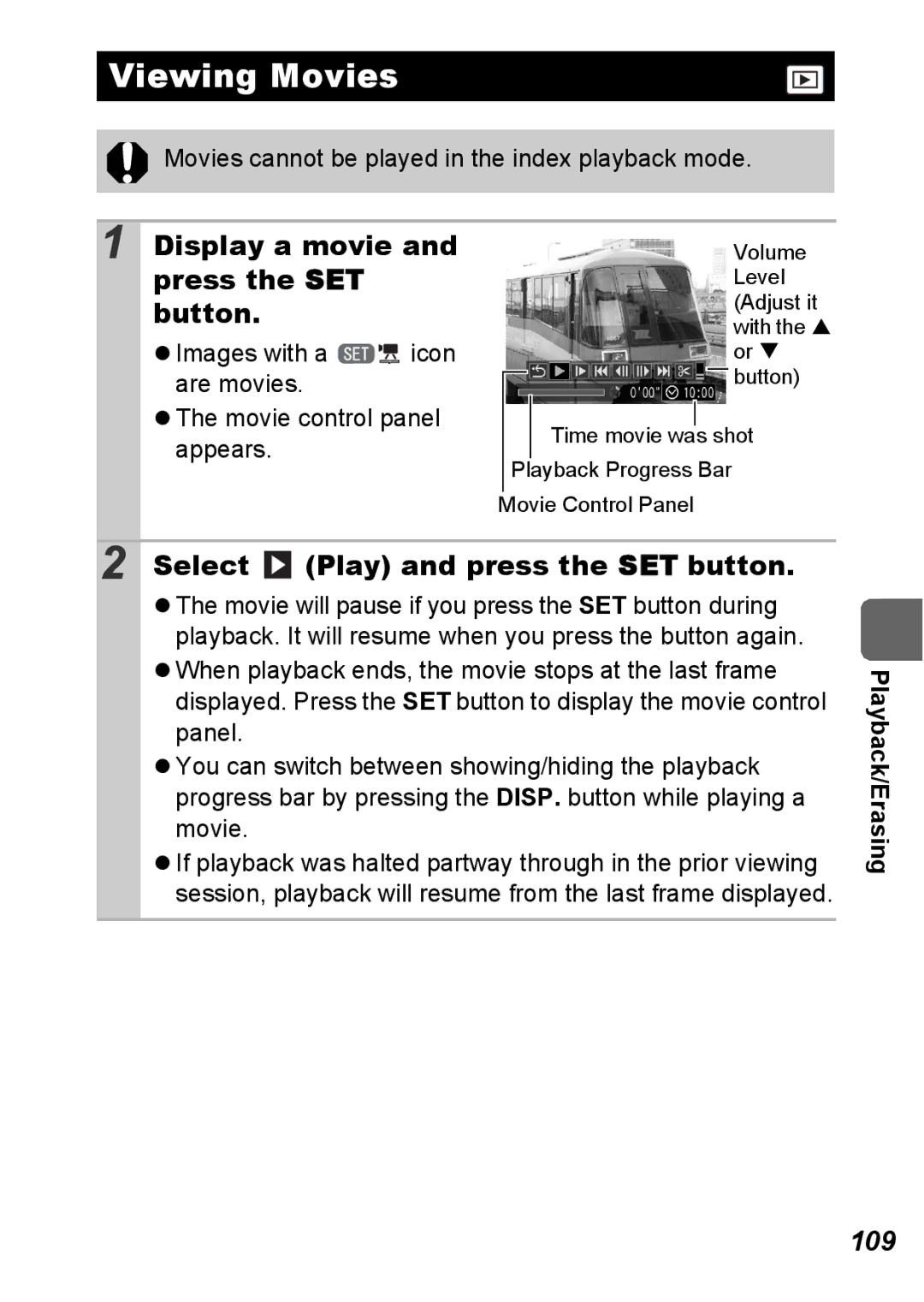 Canon S5 IS appendix Viewing Movies, Display a movie and press the SET button, Select Play and press the SET button, 109 