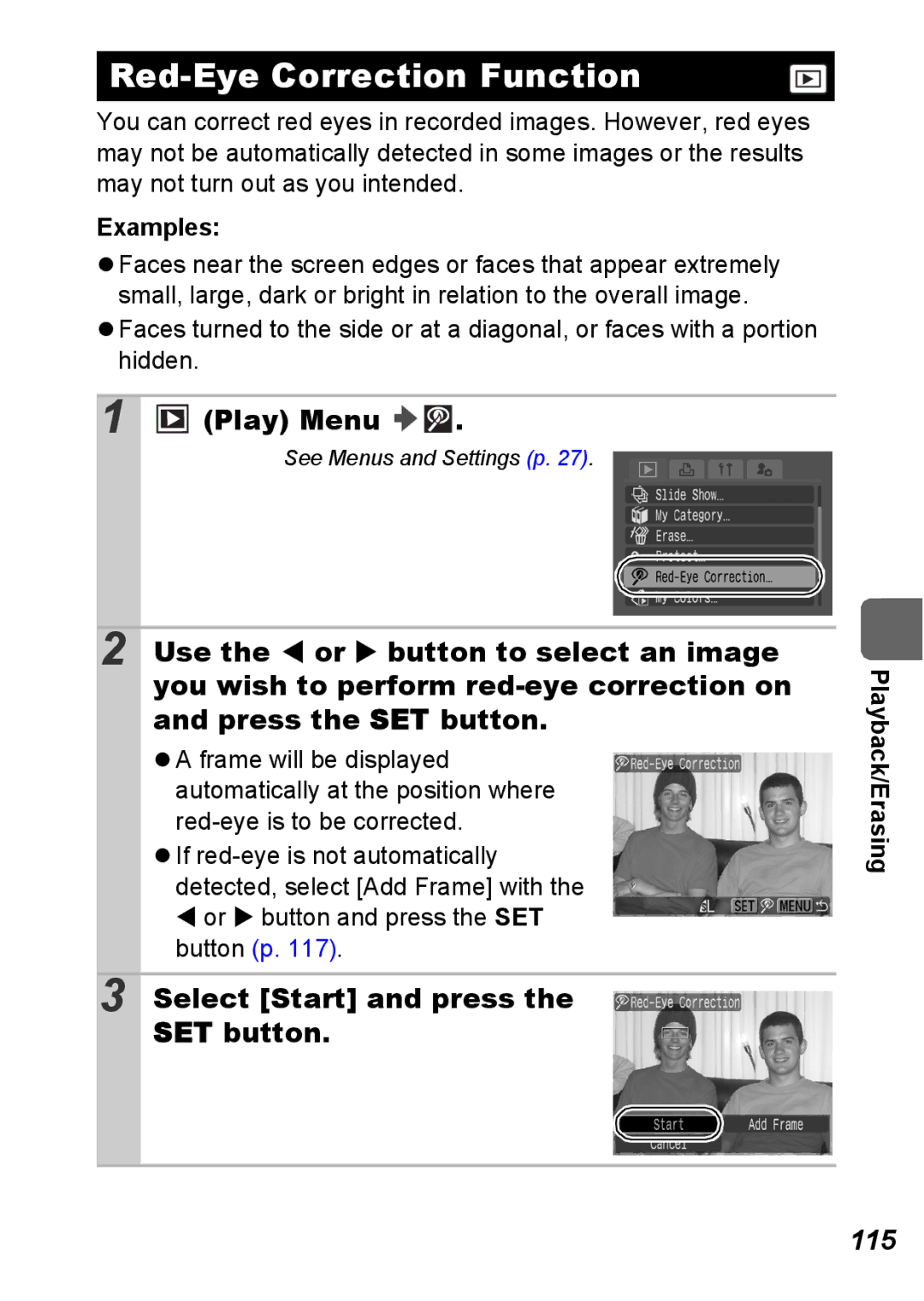 Canon S5 IS appendix Red-Eye Correction Function, Select Start and press the SET button, 115, Examples 