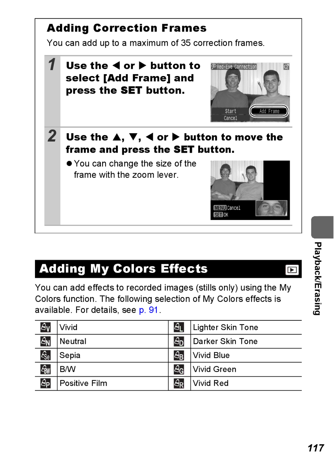 Canon S5 IS Adding My Colors Effects, Adding Correction Frames, 117, You can add up to a maximum of 35 correction frames 