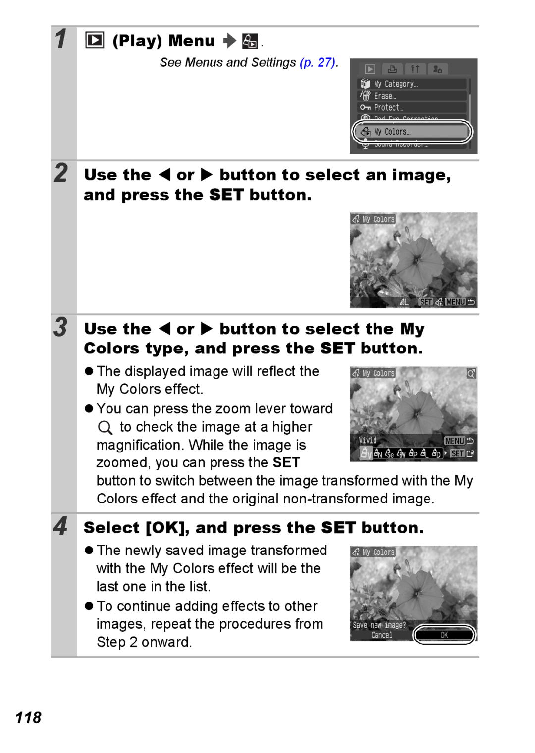 Canon S5 IS appendix Select OK, and press the SET button, 118 