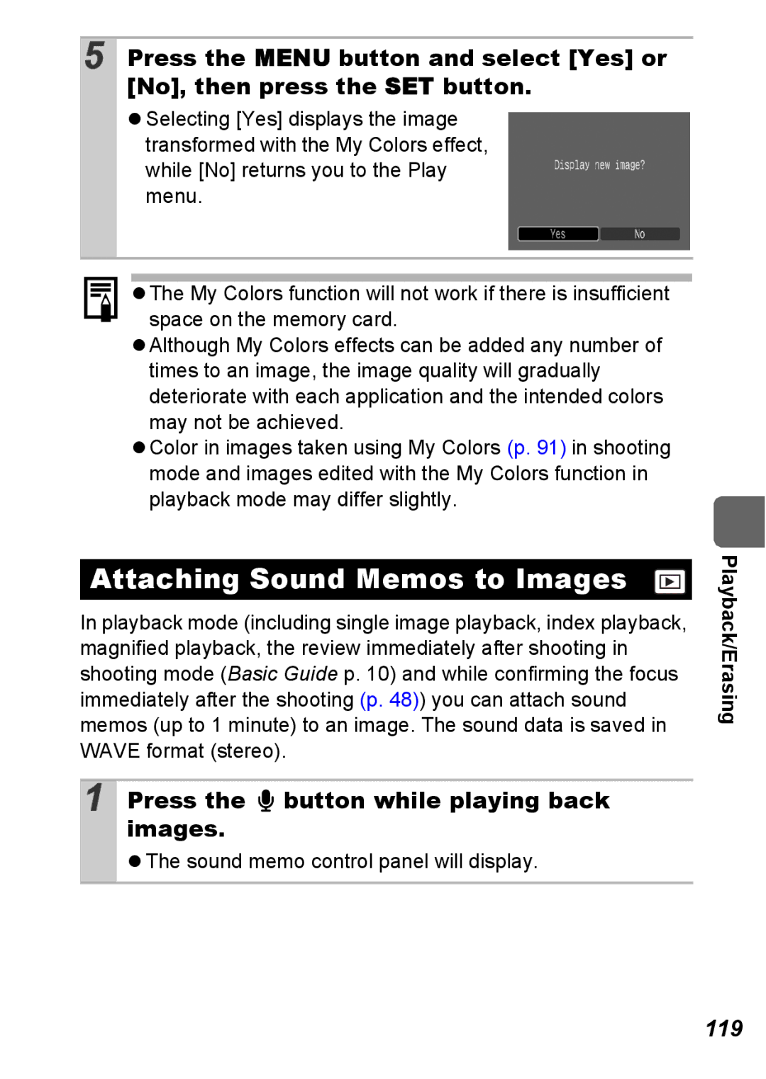 Canon S5 IS appendix Attaching Sound Memos to Images, Press the button while playing back images, 119 