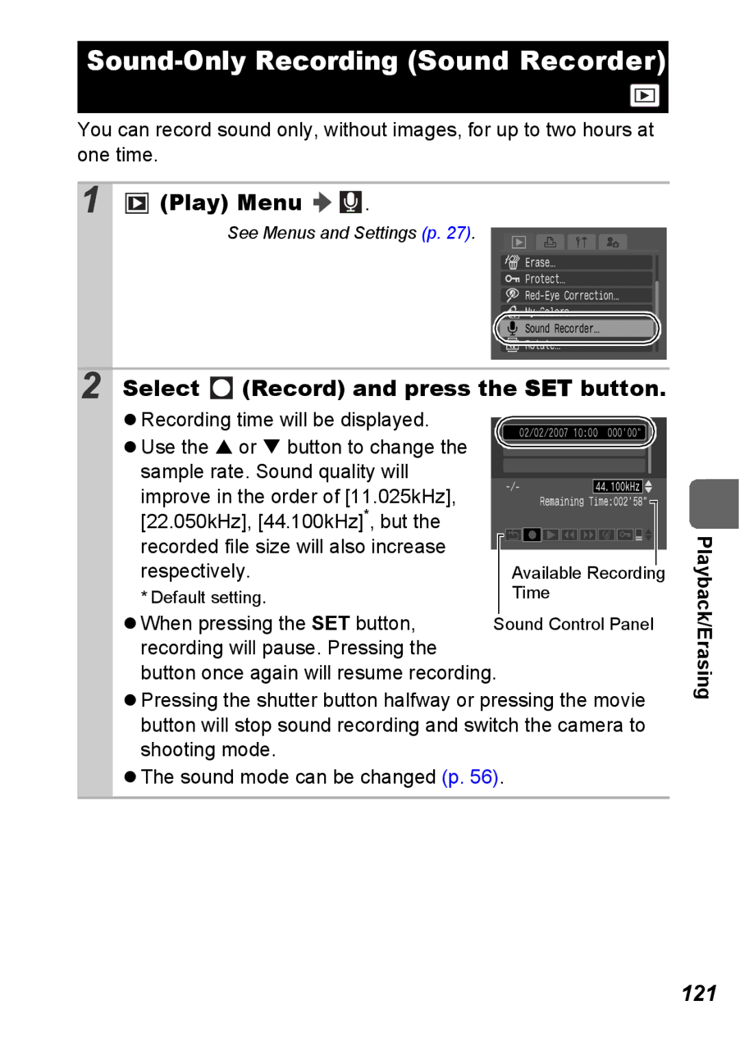 Canon S5 IS appendix Sound-Only Recording Sound Recorder, Select Record and press the SET button, 121 