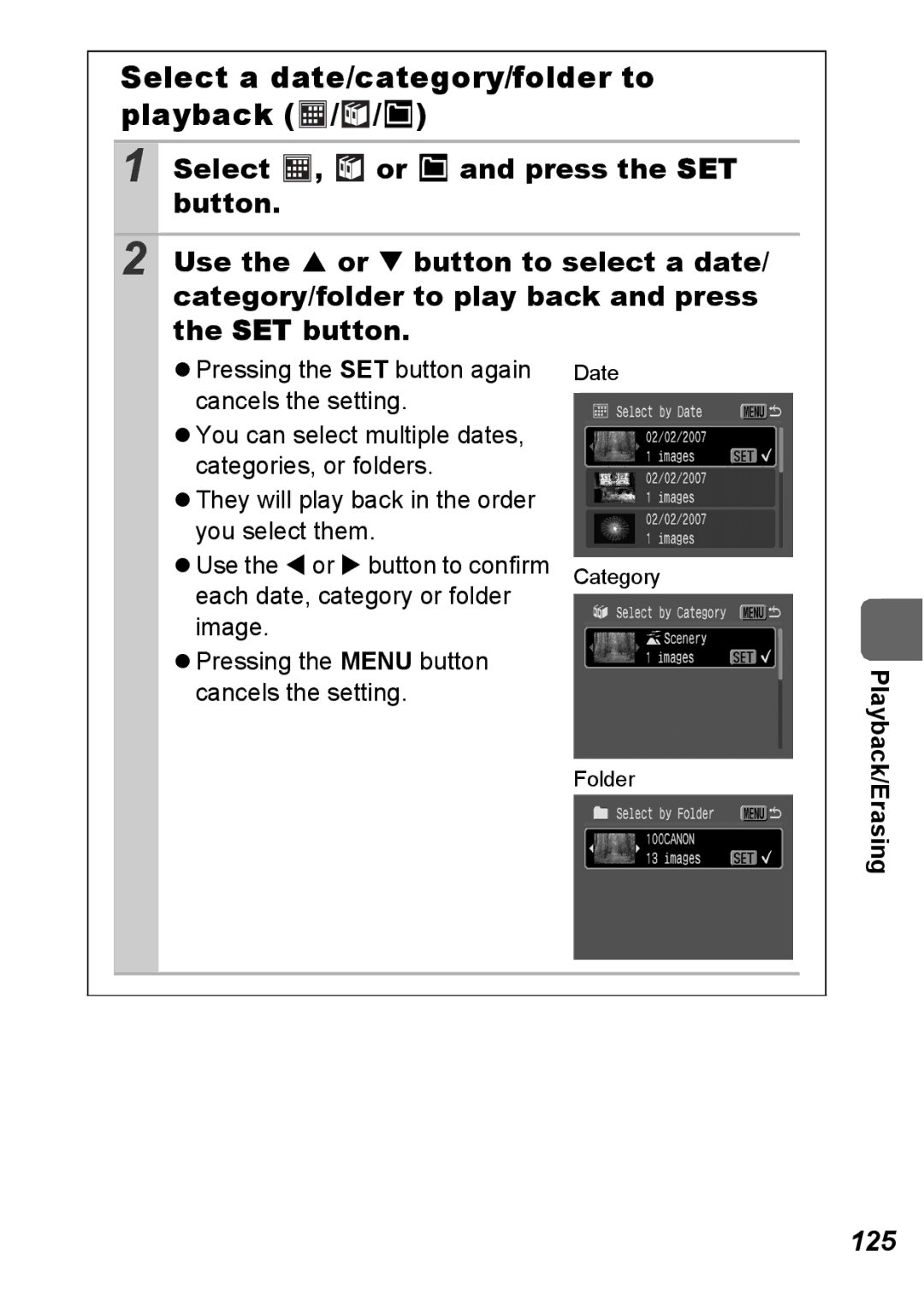 Canon S5 IS appendix Select a date/category/folder to playback, 125, Pressing the SET button again 